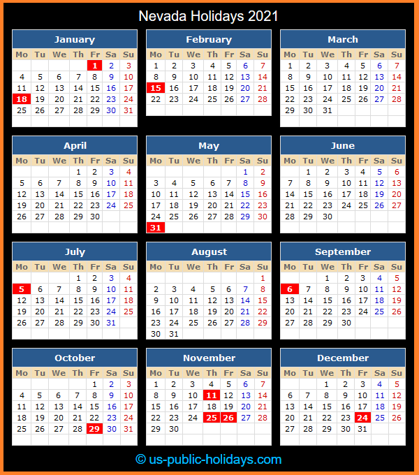 Nevada Holiday Calendar 2021